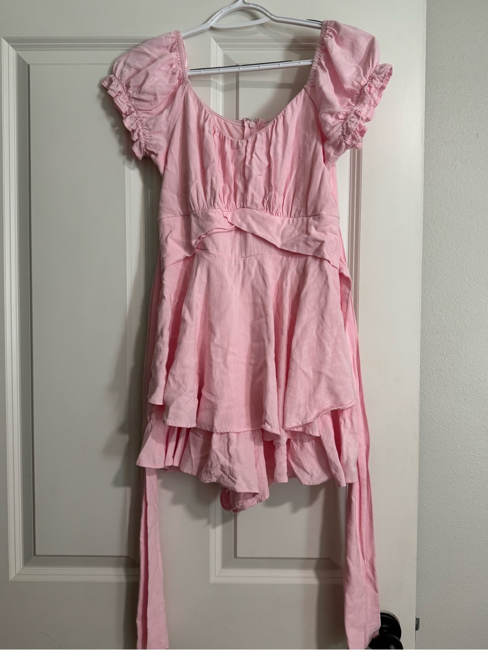 Altar'd State Light Pink Tiered Romper with Puff Sleeves